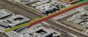 Autonavigation, Empfang nach Tunnelausfahrt, dargestellt in Google Earth. Rot: XAiOX Marathon; gelb: Garmin GPSmap 60Cx; grün: Fujitsu-Siemens Pocket LOOX n560