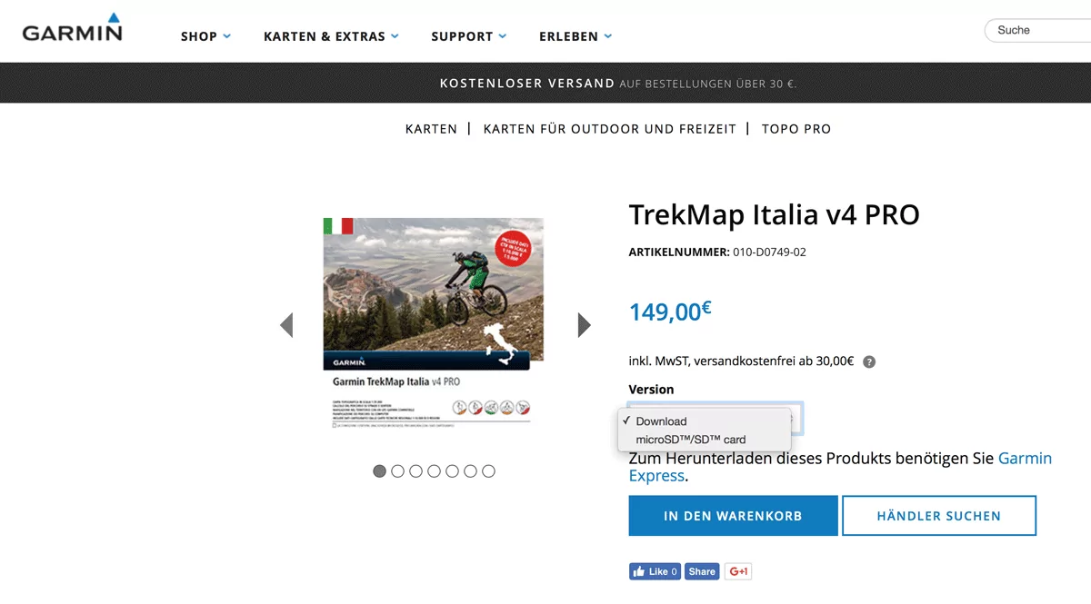 Karten für Garmin Outdoor-Geräte, Wearables & Edge Fahrrad-Navis 22 Details zur Karte, Version (Download) wählen, anschließend kaufen