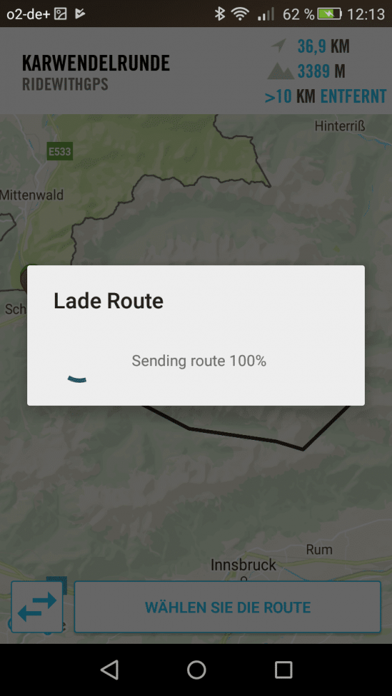 Übertragen einer Route per Bluetooth zum BOLT