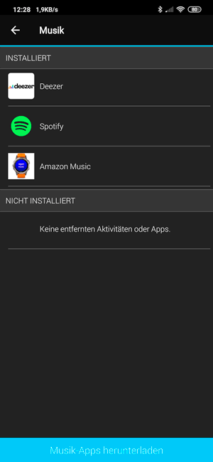 Garmin Connect App: Auf dem Wearable installierte Musik Apps