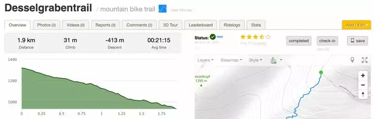 Details zu dem Trail, SAVE-Button oben rechts