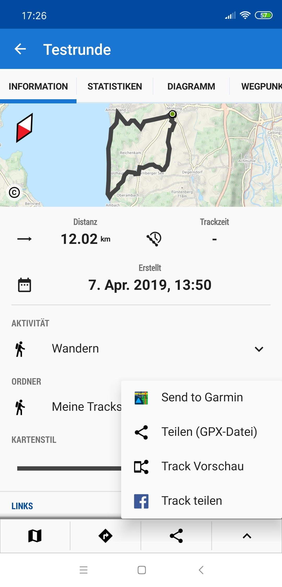 In Locus Map den Track teilen "Send to Garmin"