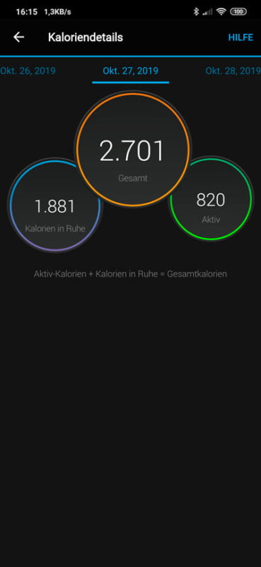 Connect App - Details zu den verbrauchten Kalorien
