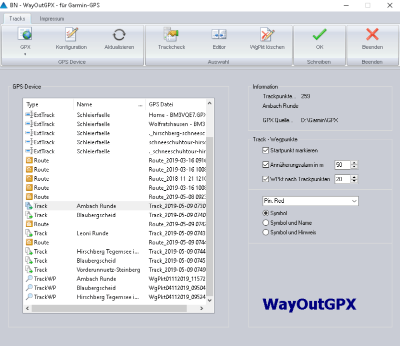 WayOutGPX Benutzeroberfläche
