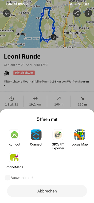 Die komoot Tour in eine andere App importieren