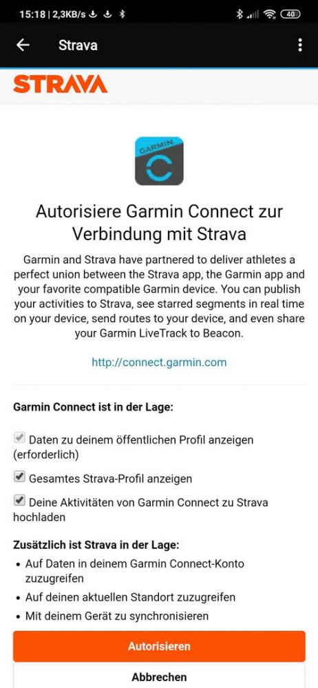 Verbindung Strava zu Garmin Connect herstellen