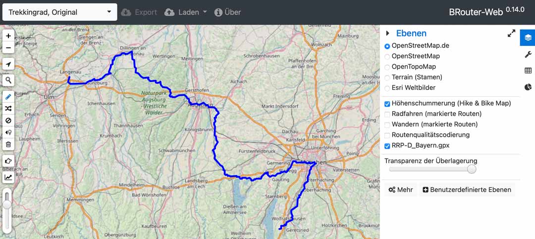 Eine mit dem Radtourenplaner Deutschland geplante Tour als Vorlage in BRouter