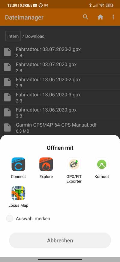 Explore App - GPX-Import via Datei-Manager