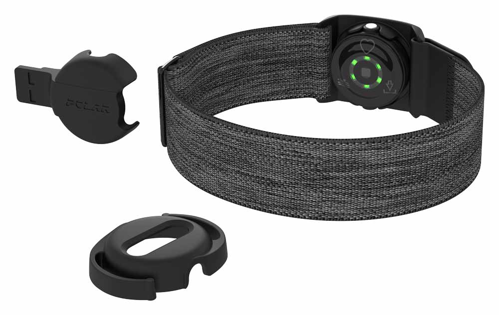 Polar Verity Sense sensor, band, USB charger (left), swimming goggle strap clip (front)
