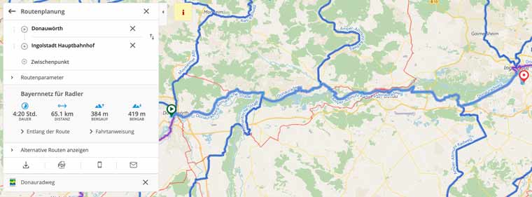 Bayernetz für Radler - Die Etappe entlang des Donauradweges ist berechnet