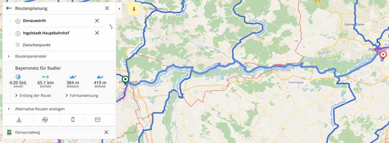 Bayernnetz für Radler - Fahrradtouren in Bayern planen 2 Bayernetz für Radler - Die Etappe entlang des Donauradweges ist berechnet