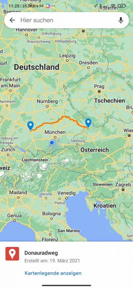 Google Maps App -Donauradweg auf der Karte