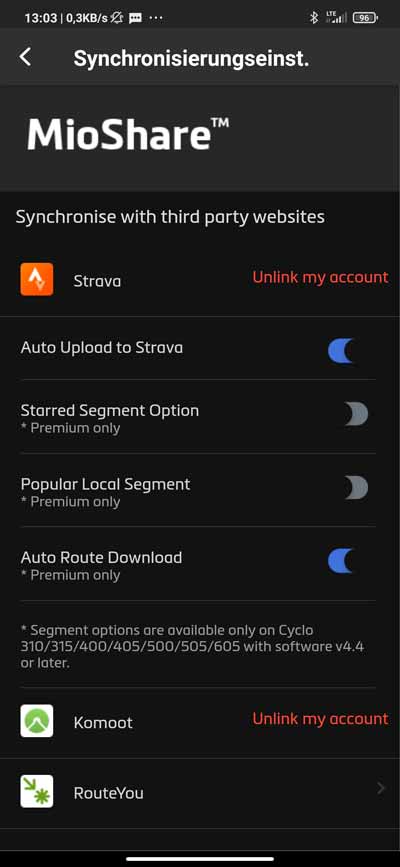 MioShare App: Verbindunsgeinstellungen für Komoot und Strava