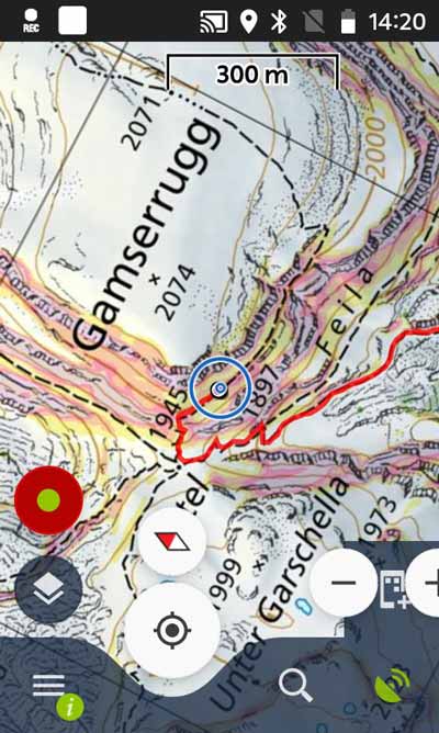 Locus Map Pro und Swisstopo Karte (rot = Trackaufzeichnung)