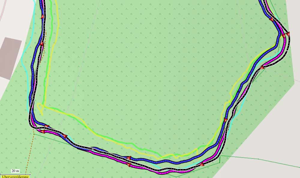 GPS-Genauigkeit Test – fenix 7X (magenta), Pace 2 (hellblau), XR20 (schwarz), GPSMAP 66sr (blau), fenix 6X (grün), Grit X Pro (gelb)