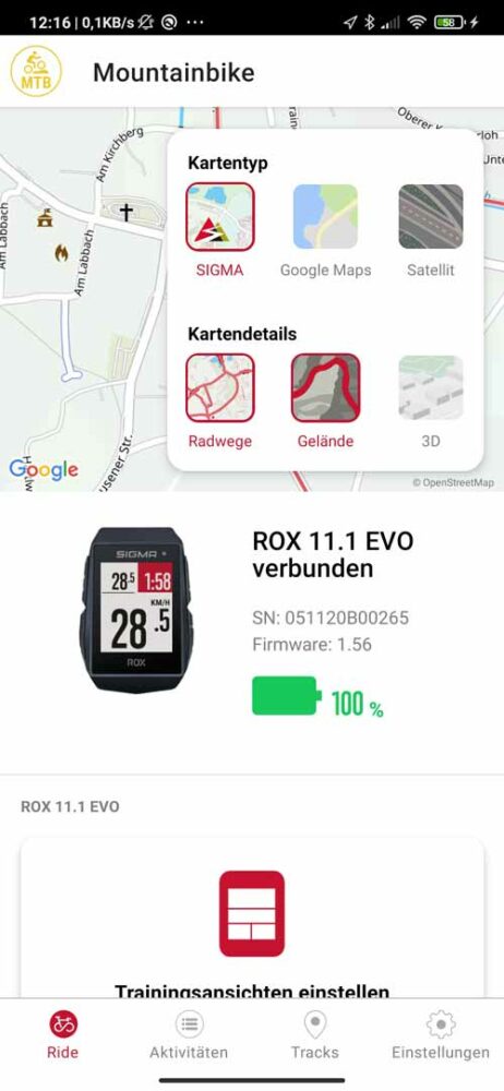 ROX 11.1 EVO in der Sigma Ride App