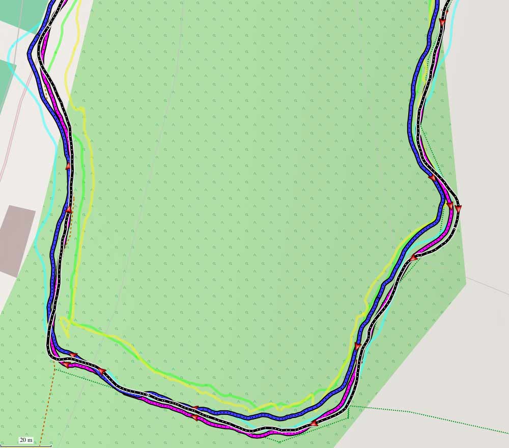 GPS accuracy review – fenix 7X (magenta), Pace 2 (light blue), XR20 (black), GPSMAP 66sr (blue), fenix 6X (green), Grit X Pro (yellow)
