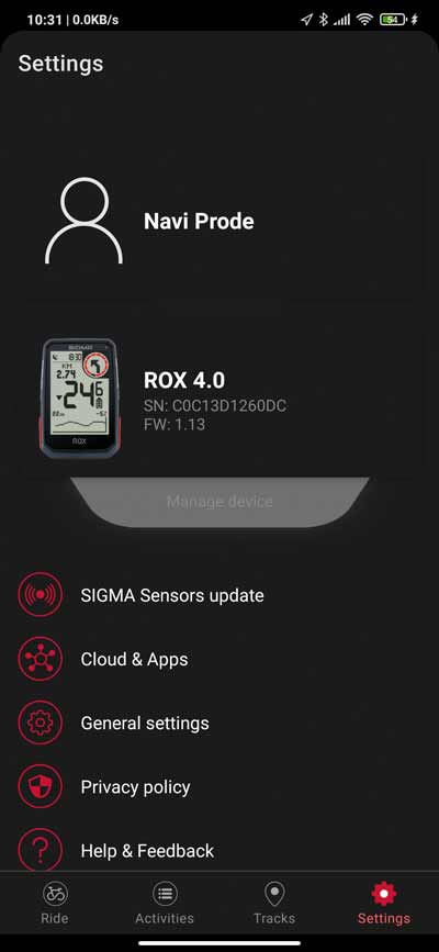 Sigma ROX 4.0 - Settings