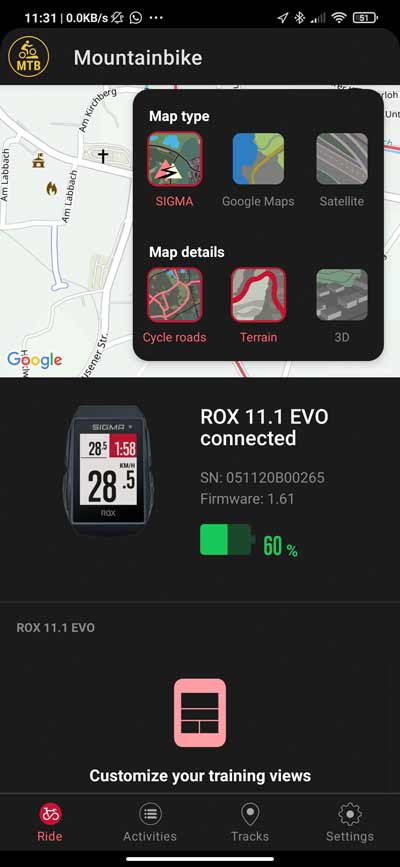 ROX 11.1 EVO in the Sigma Ride App