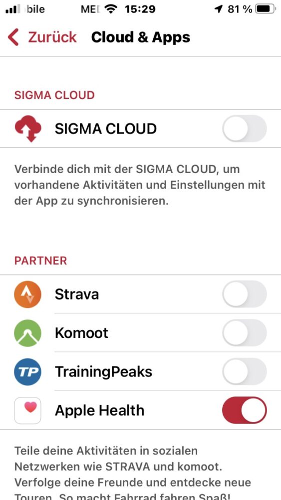 Konfigurieren der Sigma Ride App - Apple Health aktivieren