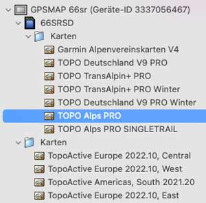 Garmin BaseCamp - Topo Alps Pro und andere auf dem GPSMAP 66sr installierte Karten