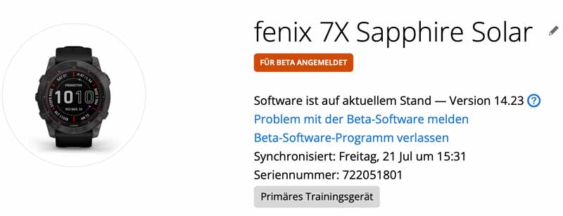 Garmin fenix 7 & epix 2 bekommen Funktionen der PRO Modelle! 1 Garmin Connect Webseite - Die fenix 7X ist für Beta-Updates angemeldet