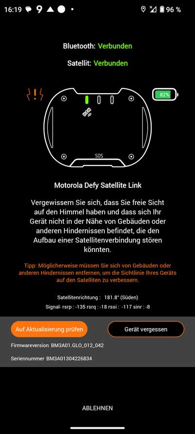 Bullit App- Satellite Link Statusseite - Schlechter Empfang