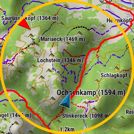 Topografische Karte mit schattiertem Relief (gelber Kreis = aktive Auto-Pause)