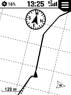 Folgen einer Strecke, der kleine Kompass zeigt die Richtung an