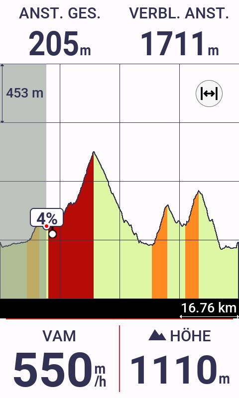 Grau markierter Fortschritt im Höhenprofil 