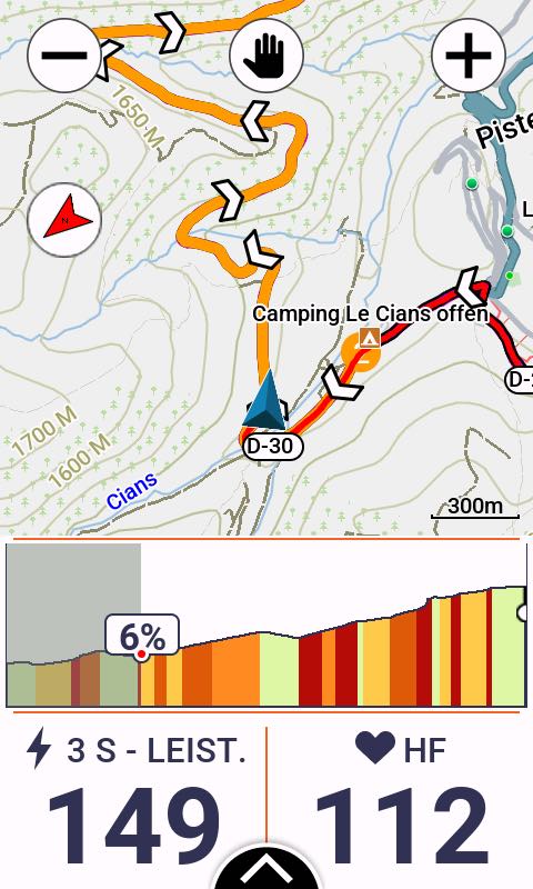 Karte mit Höhenprofil und zwei Datenfeldern