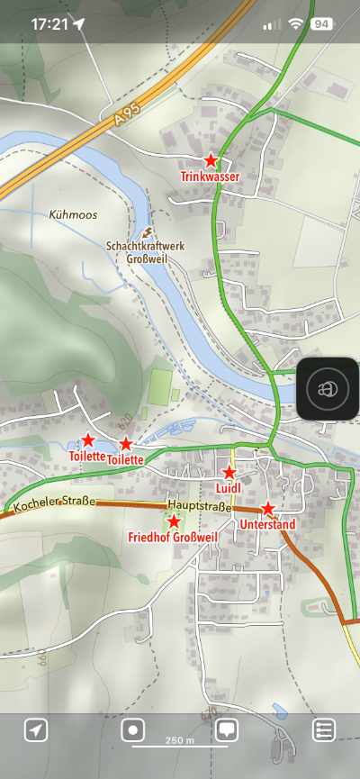 Streckenpunkte in MapOut (rot = Strecke)