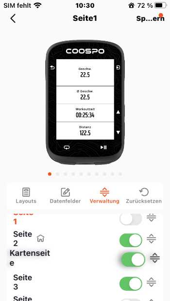 Coospo CS600 Test - Preisgünstiger Fahrradcomputer mit Karte & Navigation 4 Konfiguration der Datenseiten (Verschieben der Kartenseite)