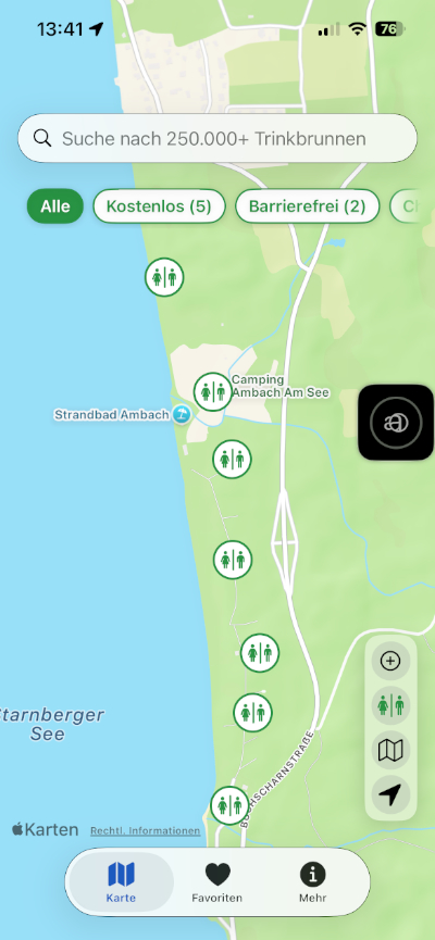 Watrify App - Trinkwasser finden - Beim Biken, Wandern, Shoppen 2 Watrify - Toilettenhäuschen in einem Freizeitgelände