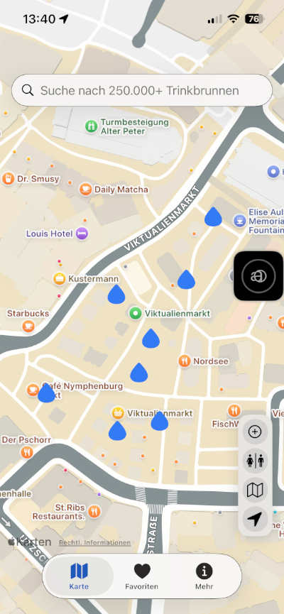 Watrify App - Trinkwasser finden - Beim Biken, Wandern, Shoppen 1 Watrify - Trinkbrunnen in der Innenstadt von München