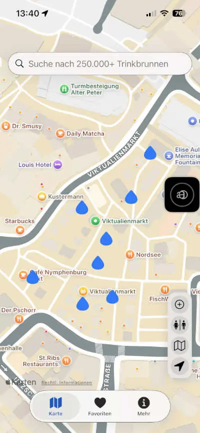 Watrify App - Trinkwasser finden - Beim Biken, Wandern, Shoppen 1 Watrify - Trinkbrunnen in der Innenstadt von München